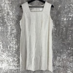 Connie Choi Size S Linen Blend Square Neck Mini Shift Dress Beige Sleeveless Zip